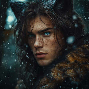 a photograph of an attractive man with long hair and wolf ears,...