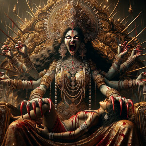 portrait of extremly angry looking goddess kali, sitting on a gold crown and carrying a weak mahishasur on her lap and stabbing him with her amazing long red finger nails. She is wearing diamond armor, a huge diamond crown, red saree, abundant diamond jewelry, covered in blood. The scene is set in ancient India. The image is 8K resolution, cinematic, ultra detailed face and epic.