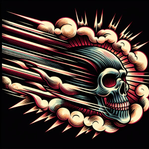 skull  racing in the sky towards the ground  in an  old school t...