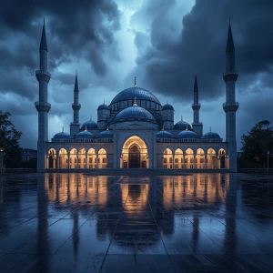 Create an image of a stunning mosque adorned with grand domes an...