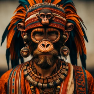 Ancient Indian tribal man with monkey ornaments and attire, Maya...