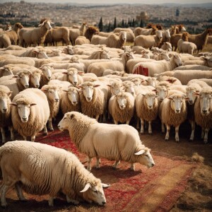 A flock of Sheep bowing down at the feet of a Royal Lion who is...