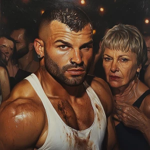 Hyperrealism,a muscular beefy sweaty man,entering in a nightclub...
