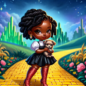 a Melanin thickhip chibi woman with black faux locs hair wearing...