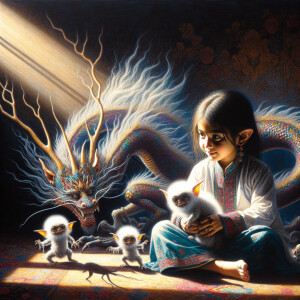 Little girl sitting on the floor next to a dragon, a picture, by...