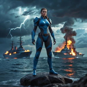 A female warrior in futuristic blue armor standing on a rock in...