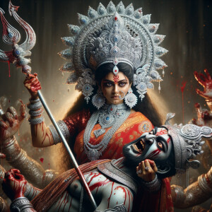 portrait of angry looking, gorgeous goddess durga cosplayer carrying a weak mahishasur in her two arms and stabbing him with her amazingly designed trident. She is wearing a huge silver crown, red saree, abundant silver jewelry, covered in blood. The scene is set in ancient India. The image is 8K resolution, cinematic, ultra detailed face and epic.