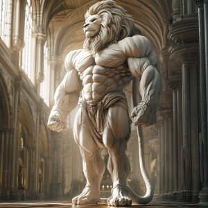 A Holy God like Man-Lion Hybrid with huge muscles standing In a...