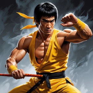 Create an original piece of fan art depicting Bruce Lee in a dyn...