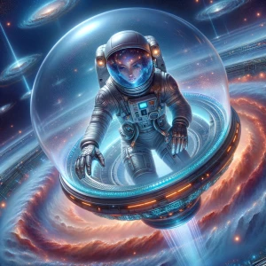 In a vast, technologically advanced spacecraft, a dazzlingly ele...