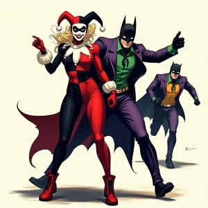 Generate a full-body illustration featuring Harley Quinn in her...