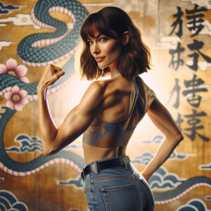 Athletic Thin skinny Attractive, Asian teenage girl, long brown hair and bangs, wearing tight skinny jeans and a halter top paint marks on her clothing, heroic pose Asian graffiti background, backside view