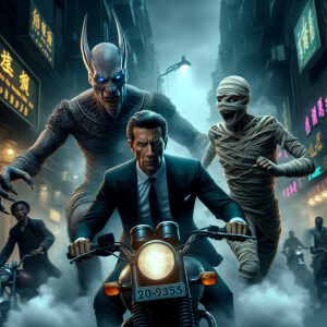 Hyper-realistic image, wide angle, Anubis and a mummy, with angr...