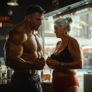 Photo-realism,fantasy.a muscular sweaty beefy man standing and...