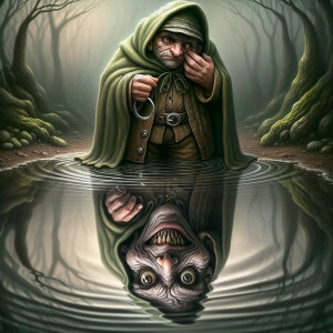 Surreal Distorted water reflection, (Upper part: Frodo Baggins,...