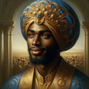 Create a African-American Jesus Christ with Hazel Brown eyes, wearing a blue and gold robe and a blue and gold head covering,He is smiling