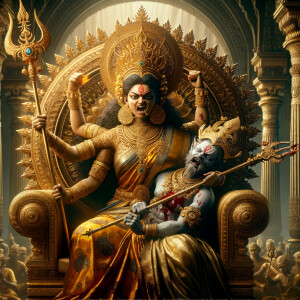 portrait of angry looking goddess durga sitting on a gold crown and carrying a weak mahishasur on her lap and stabbing him with her amazingly designed trident. She is wearing gold armor, a huge gold crown, gold saree, abundant  gold jewelry, covered in blood. The scene is set in ancient India. The image is 8K resolution, cinematic, ultra detailed face and epic.