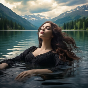Capture the elegance of a fair-skinned woman with dark long hair...