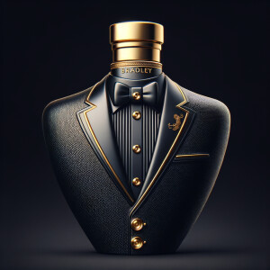 Create a realistic, 3-D cologne bottle That looks like a black Gucci tuxedo with a gold top and the name Bradley written in gold letters