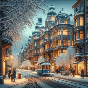 This is a beautiful winter street that appears to be from Gothen...