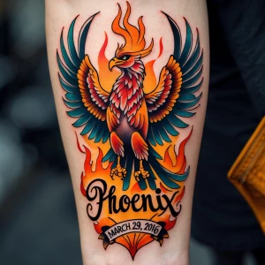 Design a phoenix-themed tattoo incorporating the name "Phoenix M...