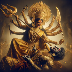 portrait of angry looking goddess durga sitting on a gold crown and carrying a weak mahishasur on her lap and stabbing him with her amazingly designed trident. She is wearing gold armor, a huge gold crown, gold saree, abundant  gold jewelry, covered in blood. The scene is set in ancient India. The image is 8K resolution, cinematic, ultra detailed face and epic.