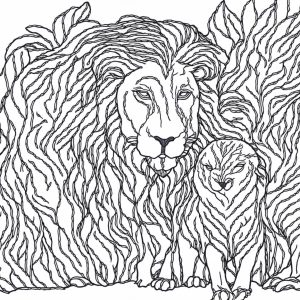 Create a coloring page design with thick lines, featuring a lion...