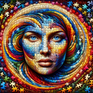 Vibrant, surrealistic digital artwork featuring a woman's face c...