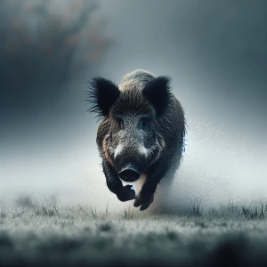 Professional photography of a wild boar running across a wet  co...