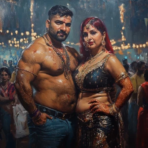Realism art style,a muscular beefy sweaty gujarati man standing...