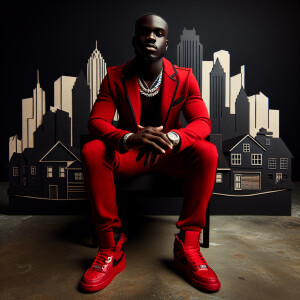 "The rapper 21 Savage wearing  stylish red outfit sitting around...
