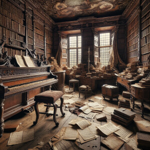 A 17th century room with a 17th century piano in it and many boo...