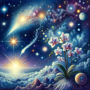 Stars,comet,constellations,orchid,Aurora,butterfly,pointillism,a...