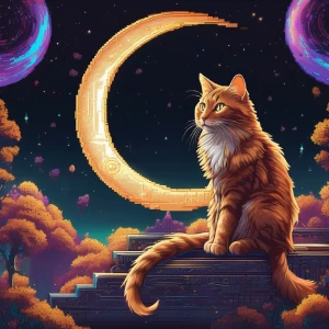 A surreal, ultra-detailed digital painting of a mysterious cat w...
