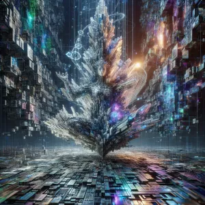 Intricately intertwining arrays of pixelated code sprawl across...