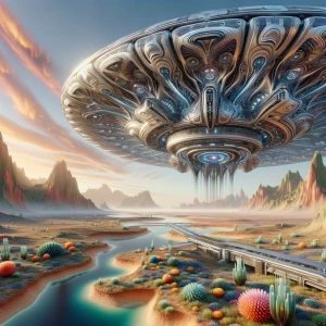 Create a hyper-realistic image of a massive, sleek starship land...