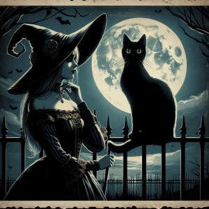 Beautiful cat with big eyes, black, sitting on fence in moonligh...