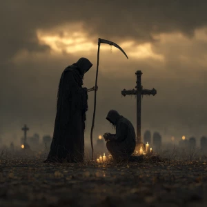 A solemn, cinematic memorial scene set at dusk beneath a cloudy,...