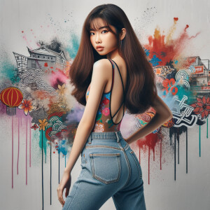 Attractive, Asian teenage girl, long brown hair and bangs, weari...