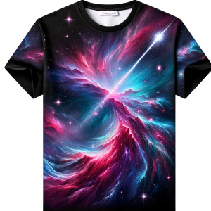 Envision a sleek, black tee showcasing a vibrant nebula splashed...