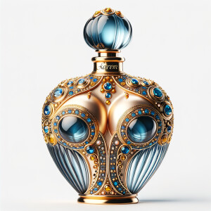 Create a 3-D realistic gold and blue, colorful jewels perfume b...