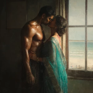 Realism,photo painting.a muscular, sweaty Indian man standing in...