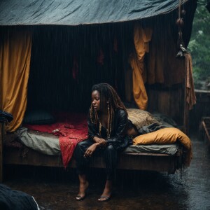 A shamed cheating Wench clothes torn, squatting beside a bed at...