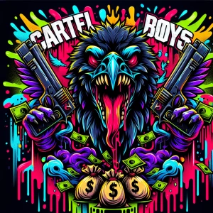 Create a bold logo featuring a menacing crow creature  with shar...