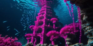 In the depths of an abyssal ocean, a magenta-hued chiaroscuro un...