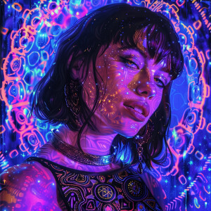 A portrait of a woman against a detailed mandala pattern glowing...