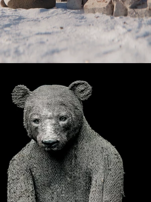 A photorealistic dark fantasy panda covered in heavy rusted chai...