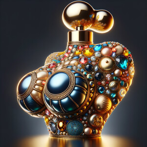 Create a 3-D realistic gold and blue, colorful jewels perfume b...