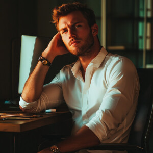 real photo of a handsome man sitting in the office on a chair at...