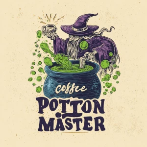 hand-drawn wizard-like figure brewing coffee in a cauldron with...